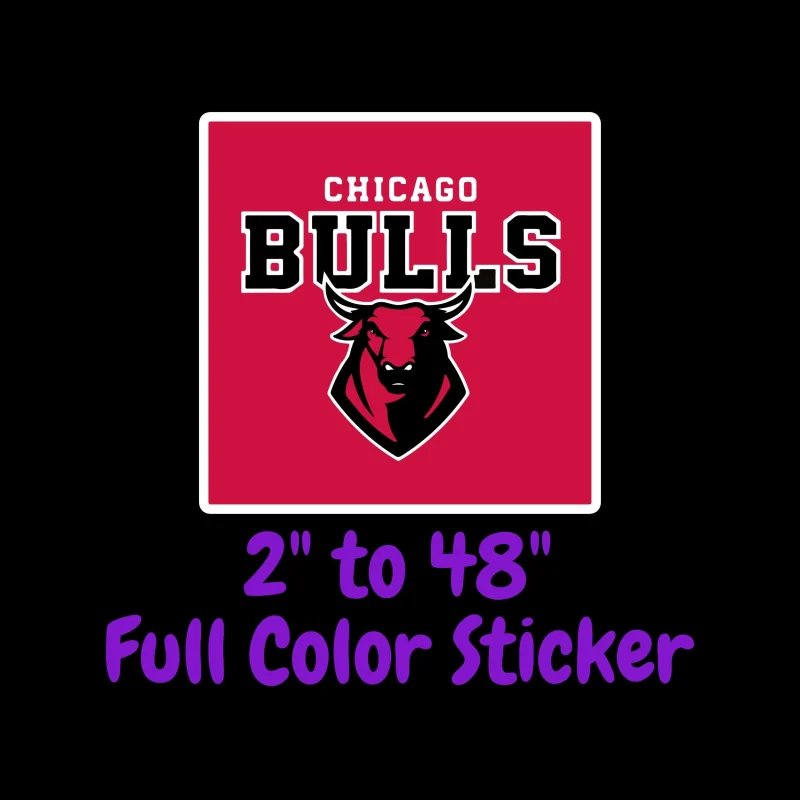 Chicago Bulls - Red Square With Bull And Name - Full Color Vinyl Sticker - Custom Size