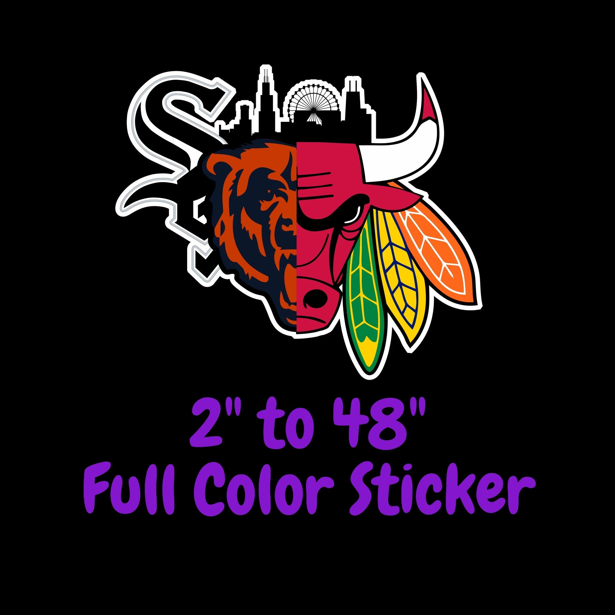 Chicago Sports Teams Mashup With Skyline Full Color Vinyl Sticker - Custom Size