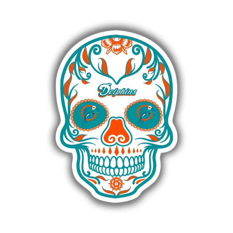 Miami Dolphins - Sugar Skull - Full Color Vinyl Sticker - Custom Size