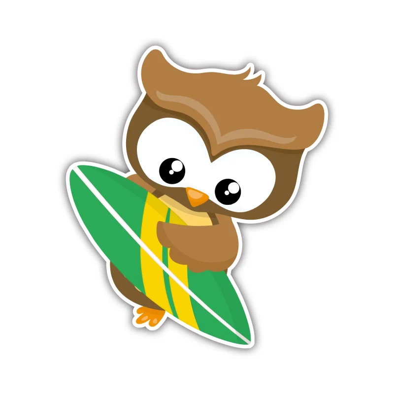 Owl With Surfboard - Full Color Vinyl Sticker - Custom Size