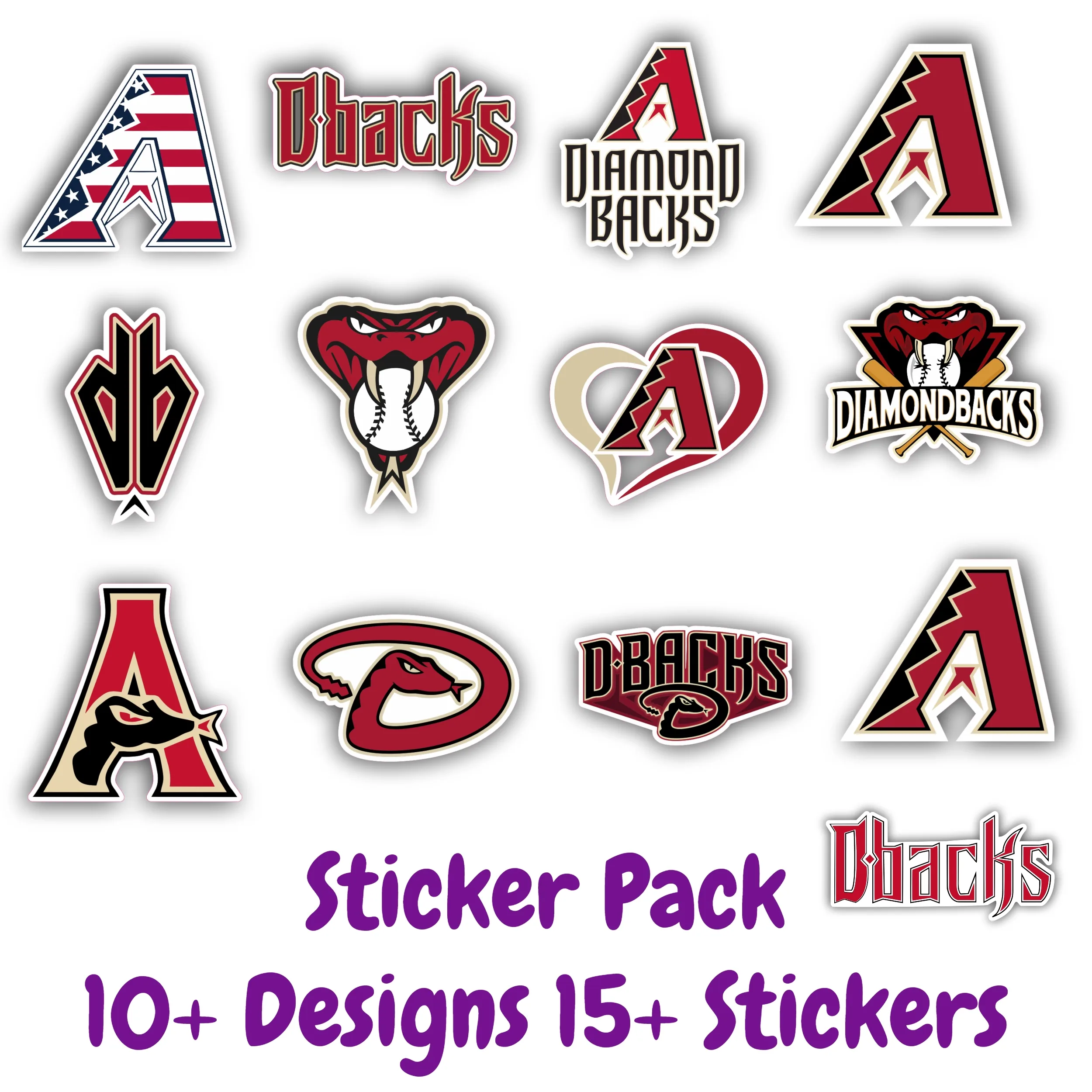 Arizona Diamondbacks Sticker Pack; Hydroflask decal ; Laptop Decal ; Yeti Decal; Cell phone Decal; Vinyl Car Decal- Custom Size