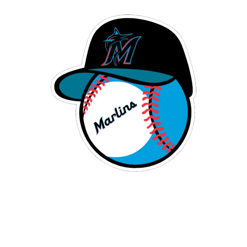 Miami Marlins - Baseball With Hat - Full Color Vinyl Sticker - Custom Size