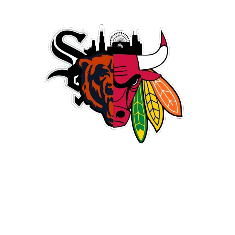 Chicago Sports Teams Mashup With Skyline Full Color Vinyl Sticker - Custom Size