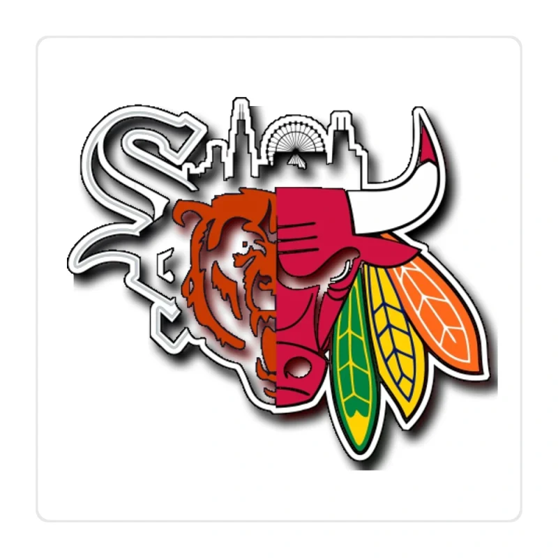 Chicago Sports Teams Mashup With Skyline Full Color Vinyl Sticker - Custom Size