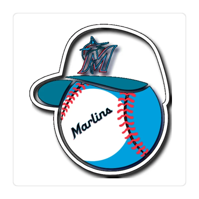 Miami Marlins - Baseball With Hat - Full Color Vinyl Sticker - Custom Size