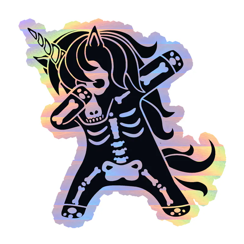 Dabbing Unicorn Skeleton Holographic Vinyl Decal - Custom Size
