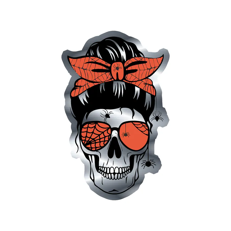 Halloween Skull Messy Bun - Silver Chrome Vinyl Decal - Custom Size