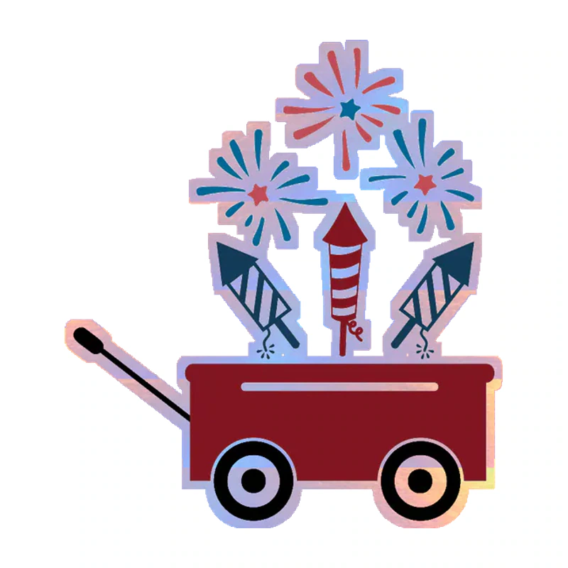 Wagon with Fireworks - Holographic Vinyl Sticker - Custom Size