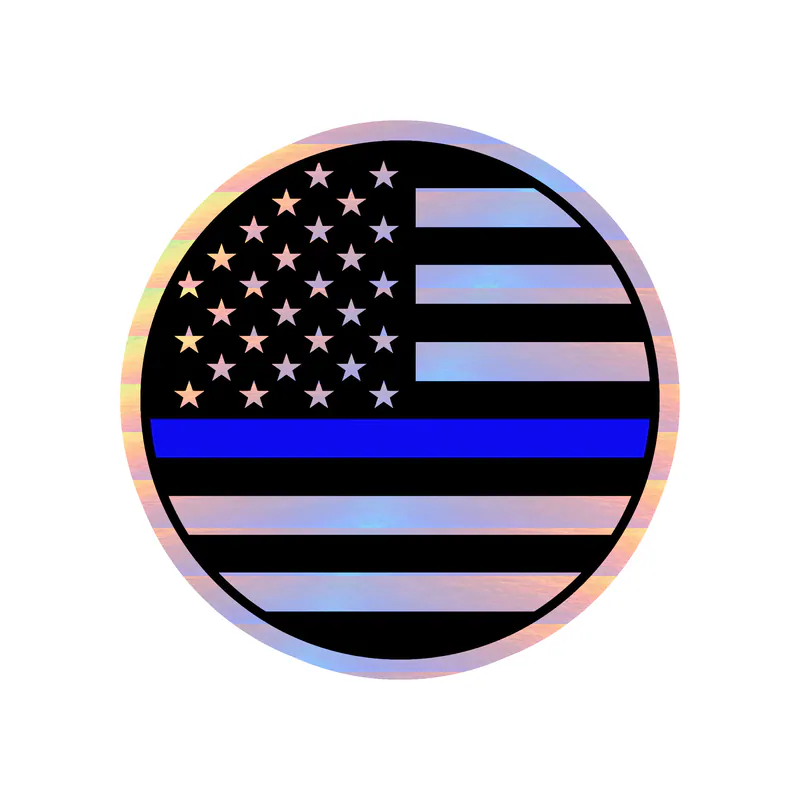 Blue Line American Flag Circle - Holographic Vinyl Decal - custom size
