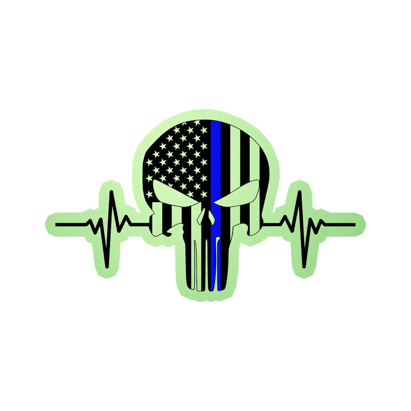 Punisher American Flag Blue Line Heartbeat - Glow in the Dark Vinyl Decal - custom size
