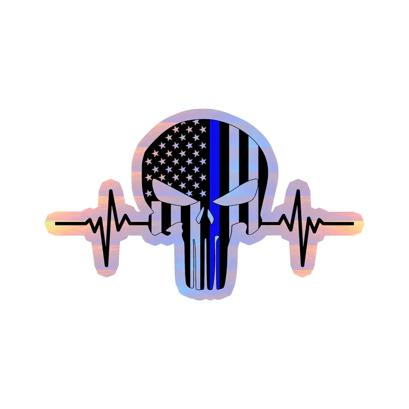 Punisher American Flag Blue Line Heartbeat - Holographic Vinyl Decal - custom size