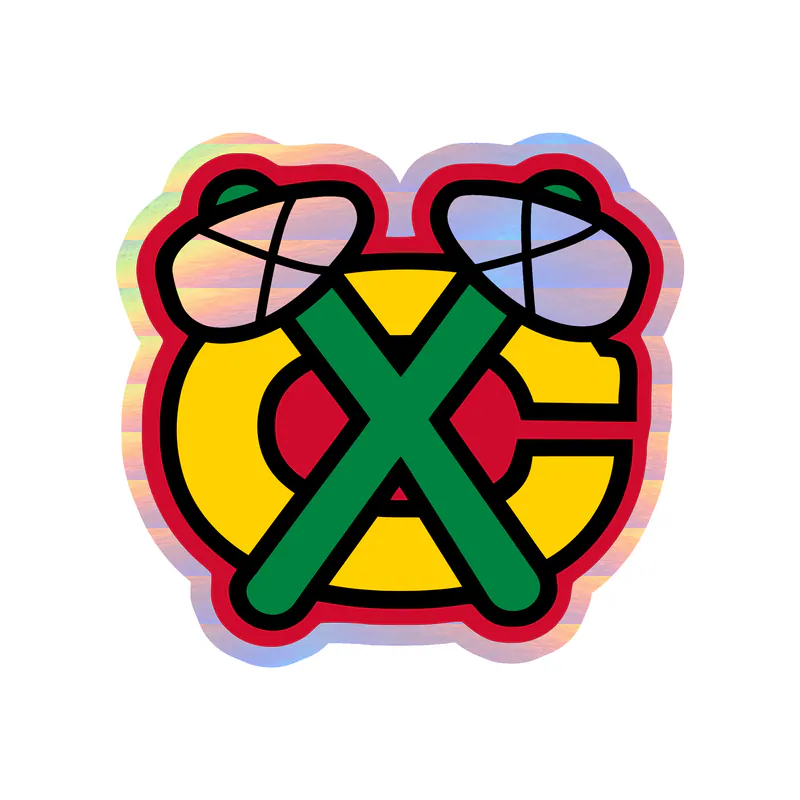 Chicago Blackhawks -  Yellow C With Green Hatchets - Holographic Vinyl Sticker - Custom Size
