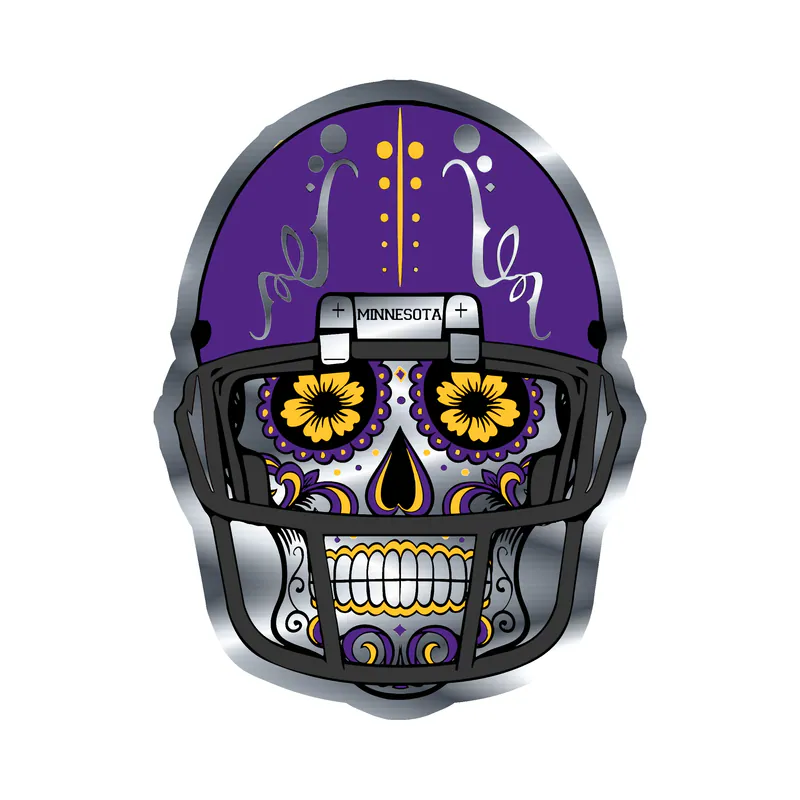 Minnesota Vikings - Sugar Skull With Helmet - Silver Chrome Vinyl Sticker - Custom Size