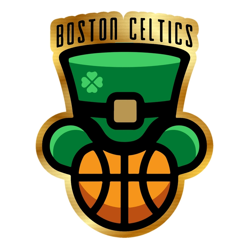Boston Celtics - Basketball With Hat - Gold Chrome Vinyl Sticker - Custom Size