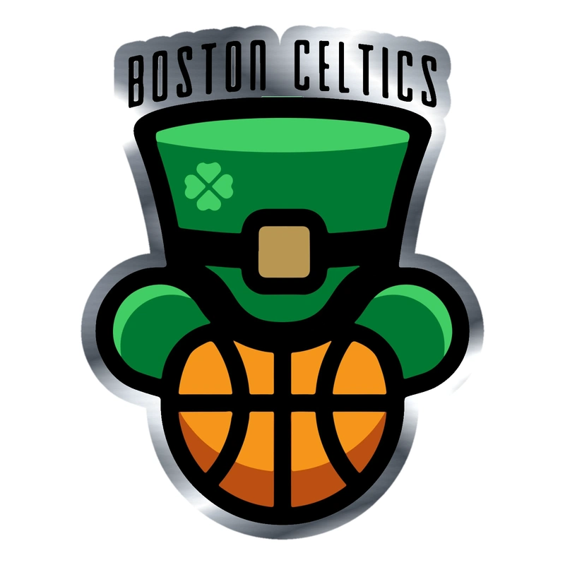 Boston Celtics - Basketball With Hat - Silver Chrome Vinyl Sticker - Custom Size