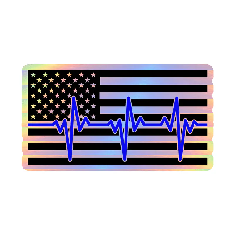 Blue Line Heartbeat American Flag - Holographic Vinyl Decal - custom size