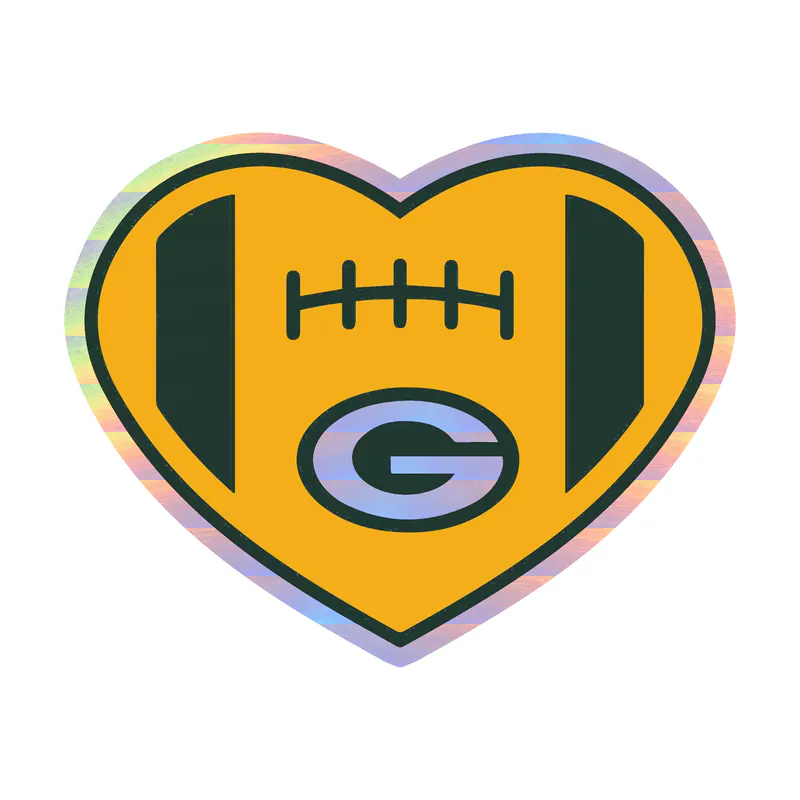 Green Bay Packers - Yellow Heart Football - Holographic Vinyl Sticker - Custom Size