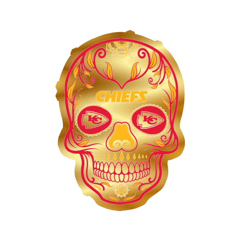 Kansas City Chiefs- Bright Sugar Skull Gold Chrome Vinyl Sticker – Custom Size