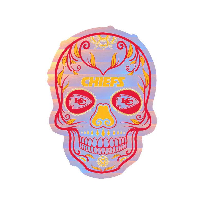 Kansas City Chiefs- Bright Sugar Skull Holographic Vinyl Sticker – Custom Size