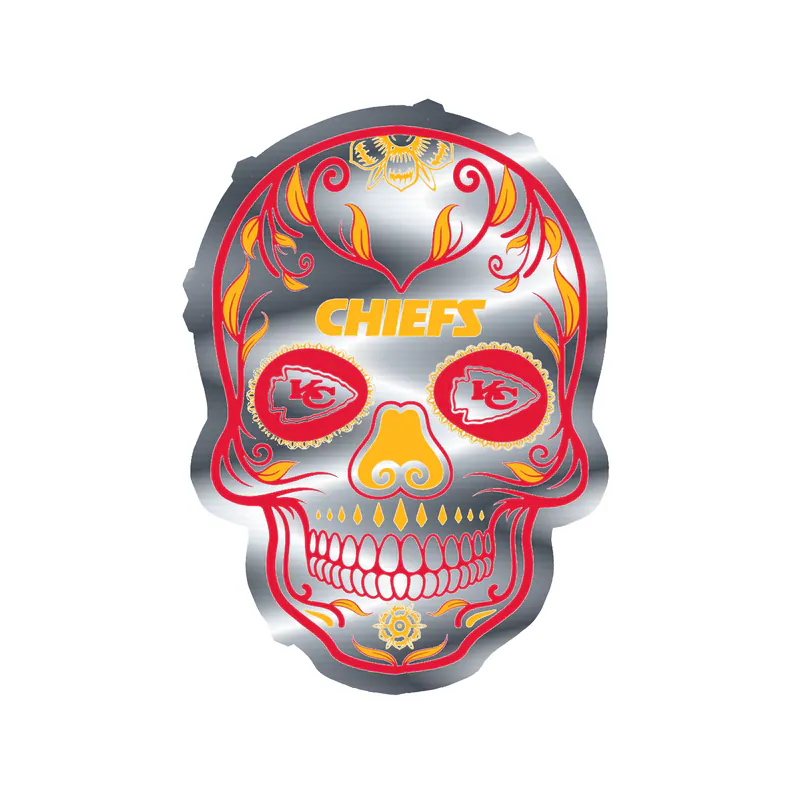 Kansas City Chiefs- Bright Sugar Skull Silver Chrome Vinyl Sticker – Custom Size