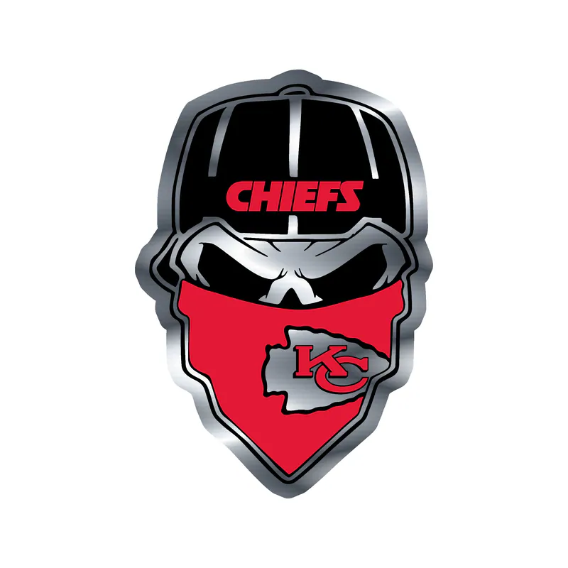 Kansas City Chiefs - Skull with Bandana -Silver Chrome Vinyl Sticker – Custom Size