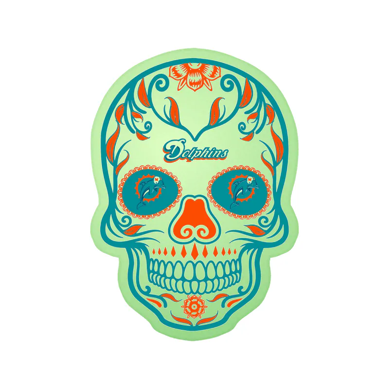 Miami Dolphins - Sugar Skull - Glow in the Dark Vinyl Sticker - Custom Size