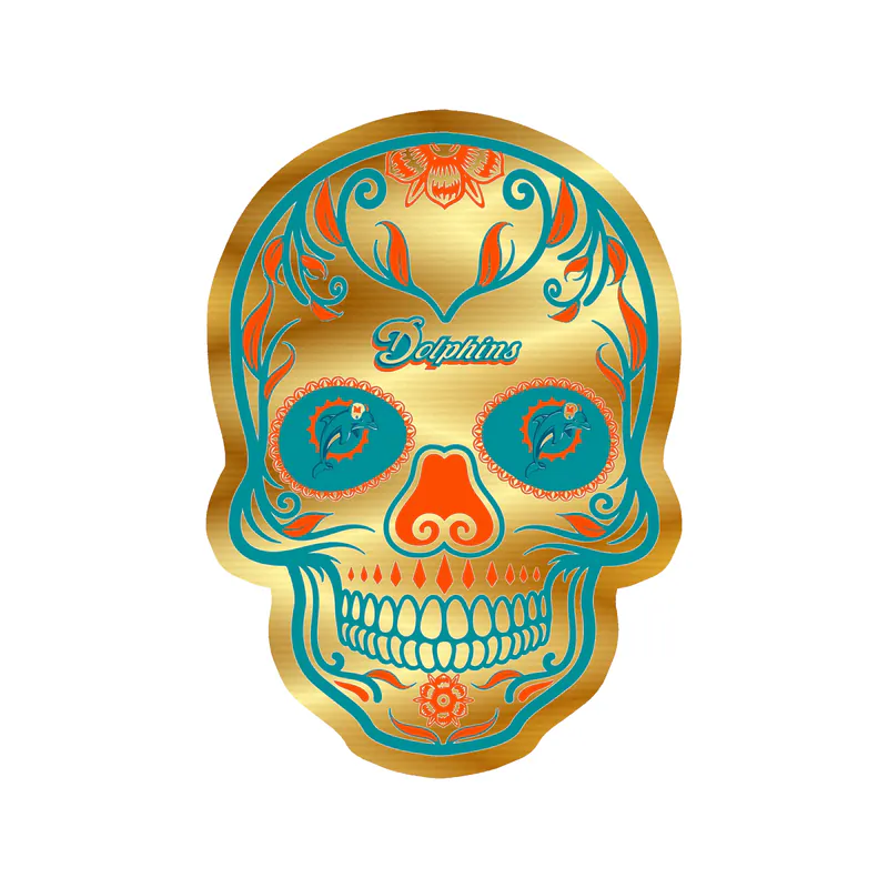 Miami Dolphins - Sugar Skull - Gold Chrome Vinyl Sticker - Custom Size
