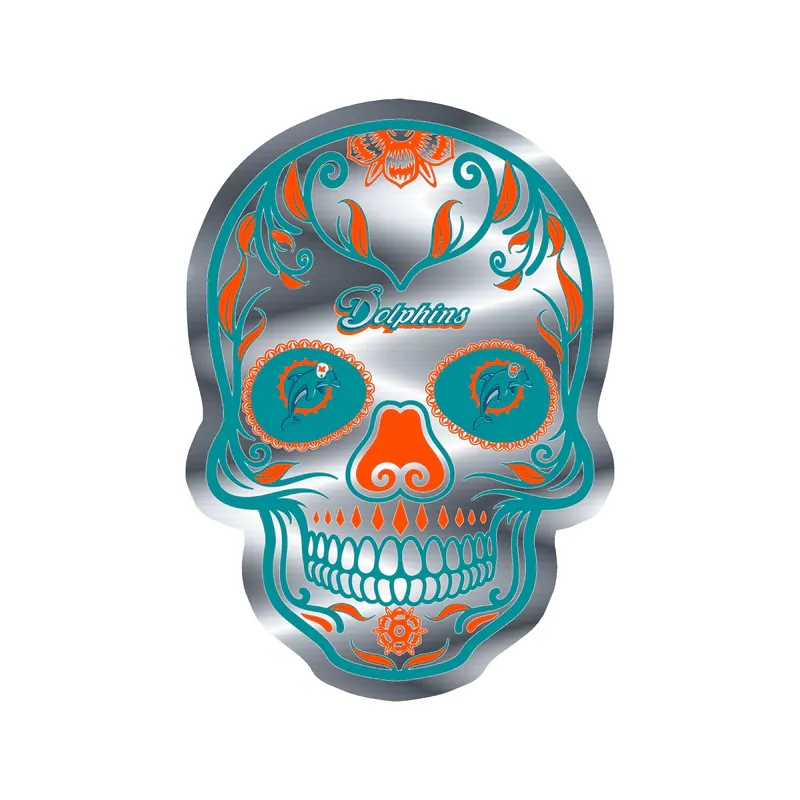 Miami Dolphins - Sugar Skull - Silver Chrome Vinyl Sticker - Custom Size