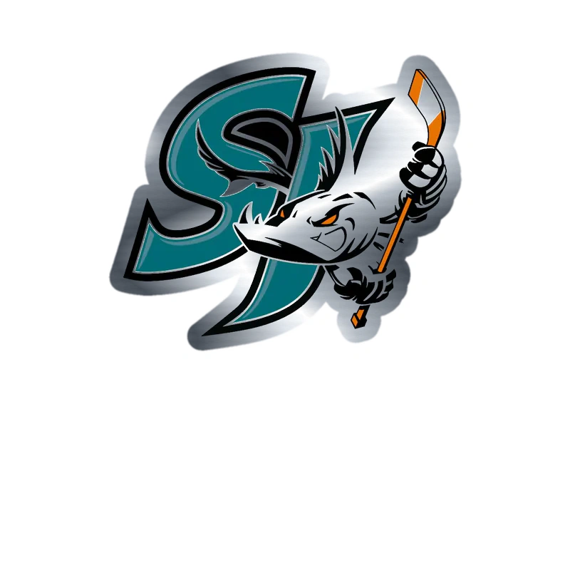 San Jose Sharks - SJ With Shark And Hockey Stick - Silver Chrome Vinyl Sticker - Custom Size