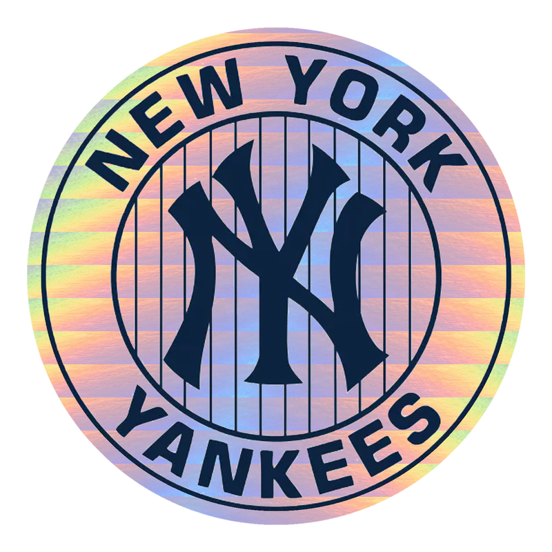 New York Yankees - White Circle With Stripes And Blue Words - Holographic Vinyl Sticker - Custom Size