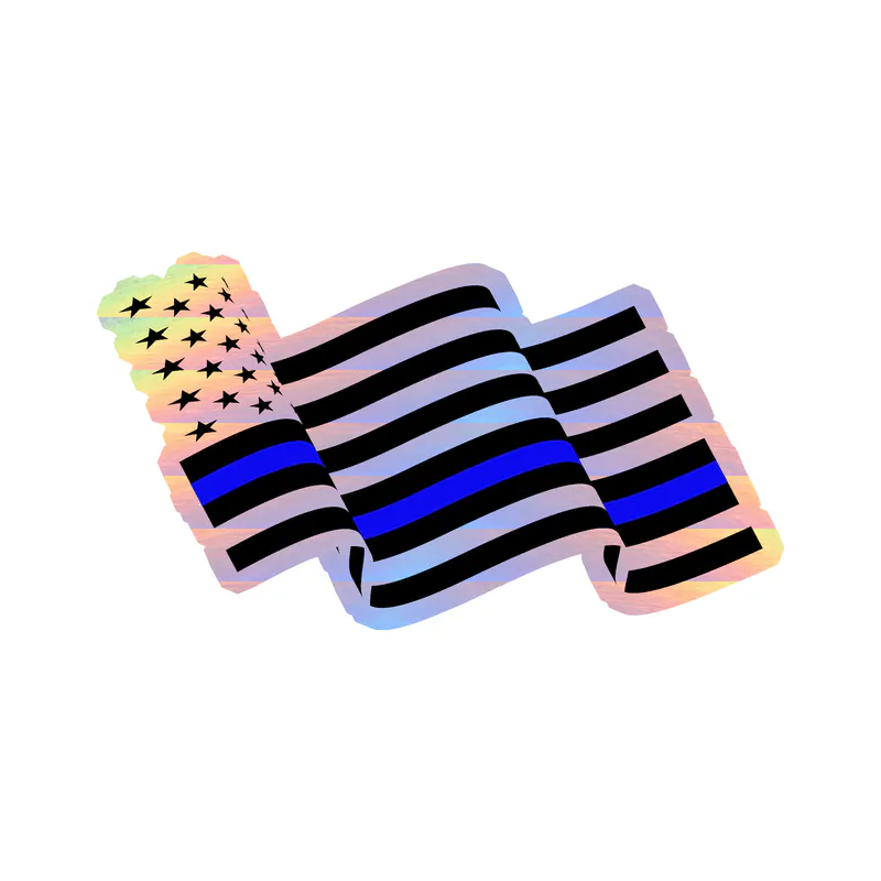 Waving Blue Line American Flag - Holographic Vinyl Decal - custom size