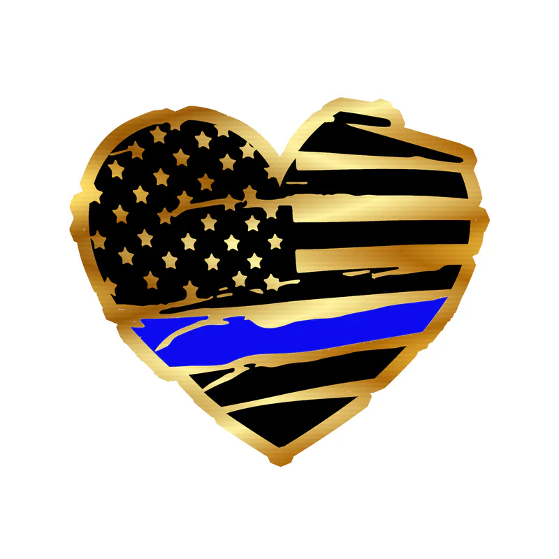 Distressed Blue Line American Flag Heart - Gold Chrome Vinyl Decal - custom size