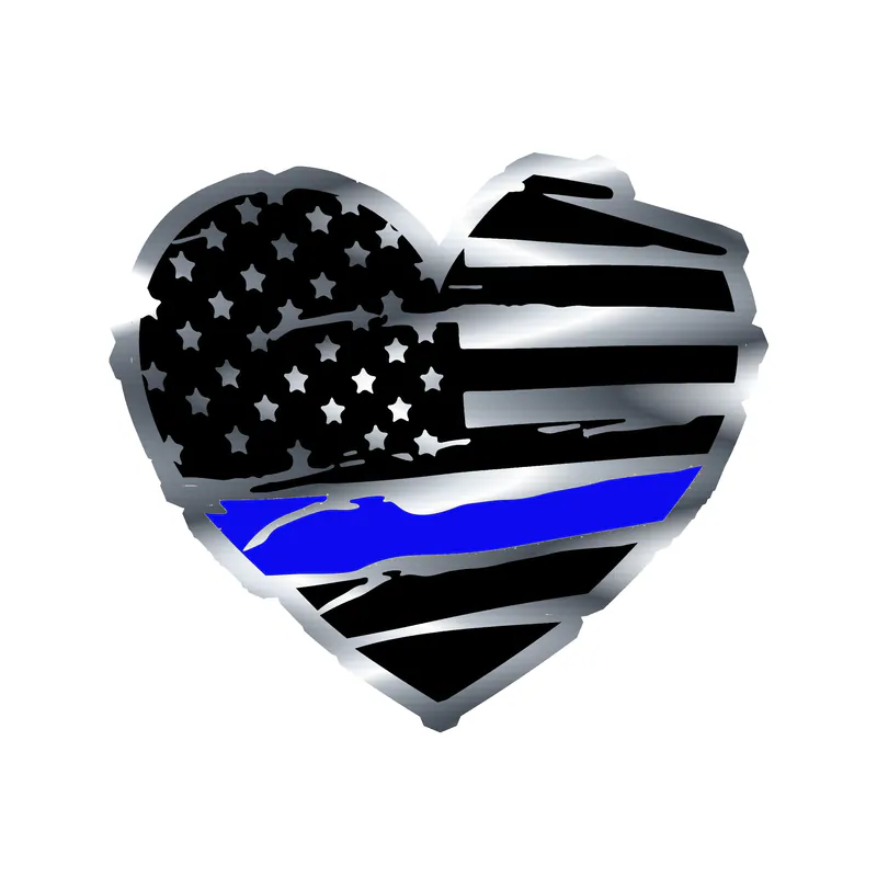 Distressed Blue Line American Flag Heart - Silver Chrome Vinyl Decal - custom size