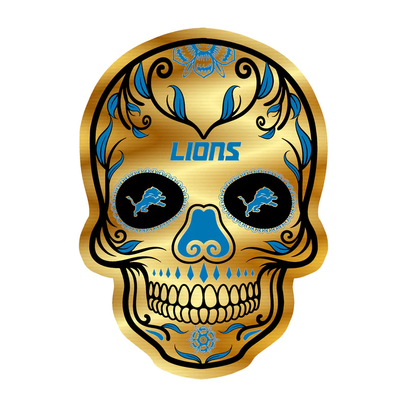 Detroit Lions - Sugar Skull - Gold Chrome Vinyl Sticker - Custom Size