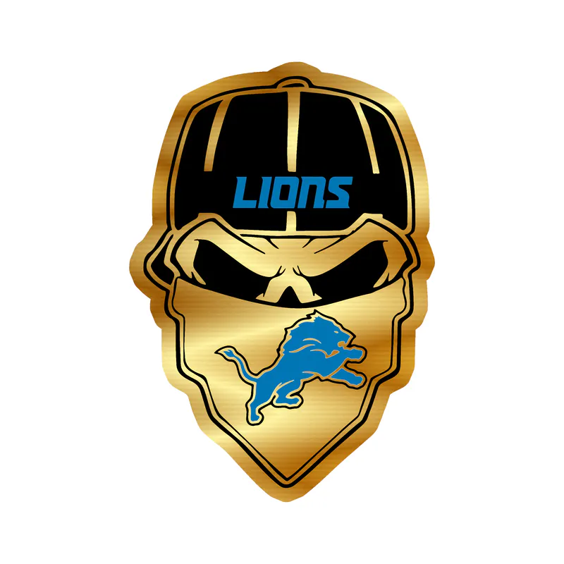 Detroit Lions - Skull With Cap - Gold Chrome Vinyl Sticker - Custom Size