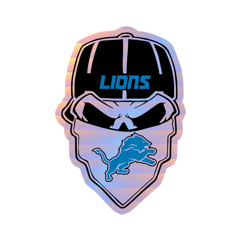 Detroit Lions - Skull With Cap - Holographic Vinyl Sticker - Custom Size