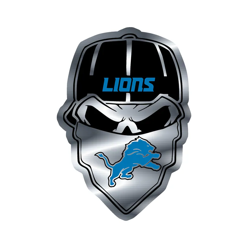 Detroit Lions - Skull With Cap - Silver Chrome Vinyl Sticker - Custom Size