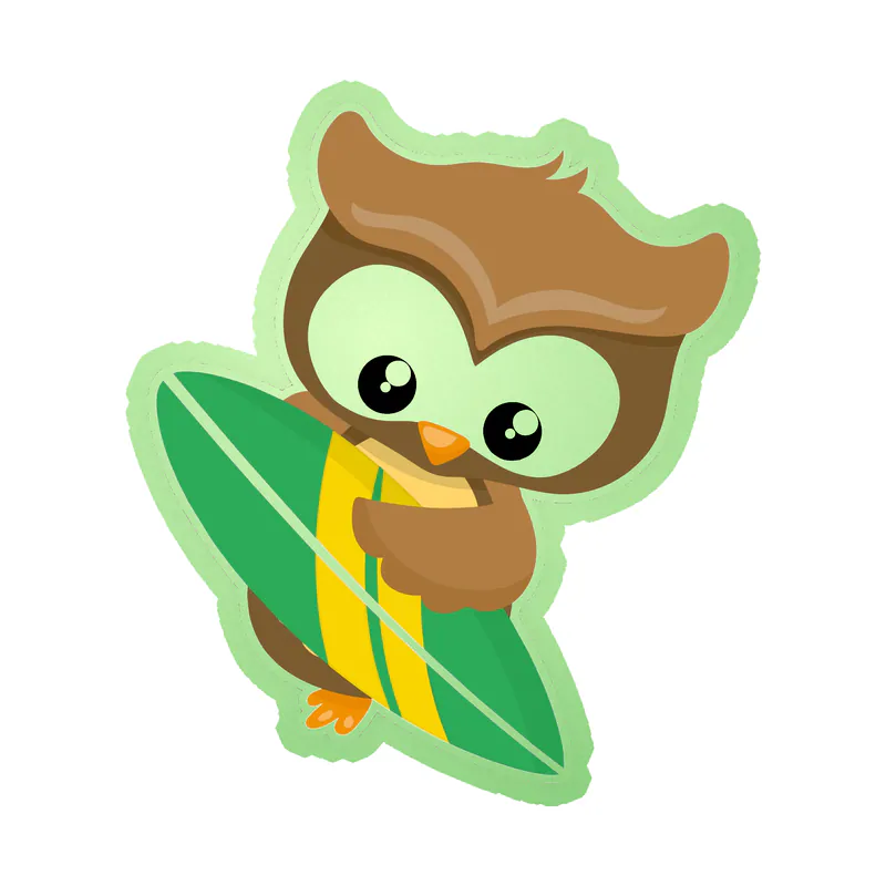 Owl With Surfboard - Glow in the Dark Vinyl Sticker - Custom Size