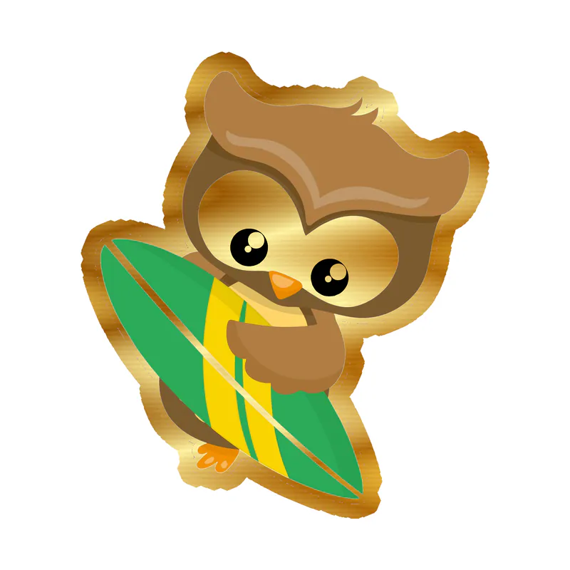 Owl With Surfboard - Gold Chrome Vinyl Sticker - Custom Size