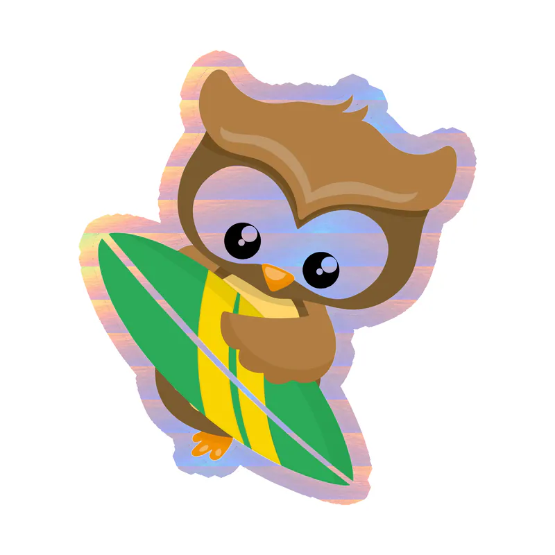 Owl With Surfboard - Holographic Vinyl Sticker - Custom Size
