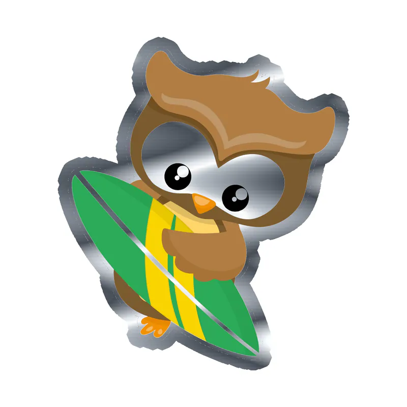 Owl With Surfboard - Silver Chrome Vinyl Sticker - Custom Size