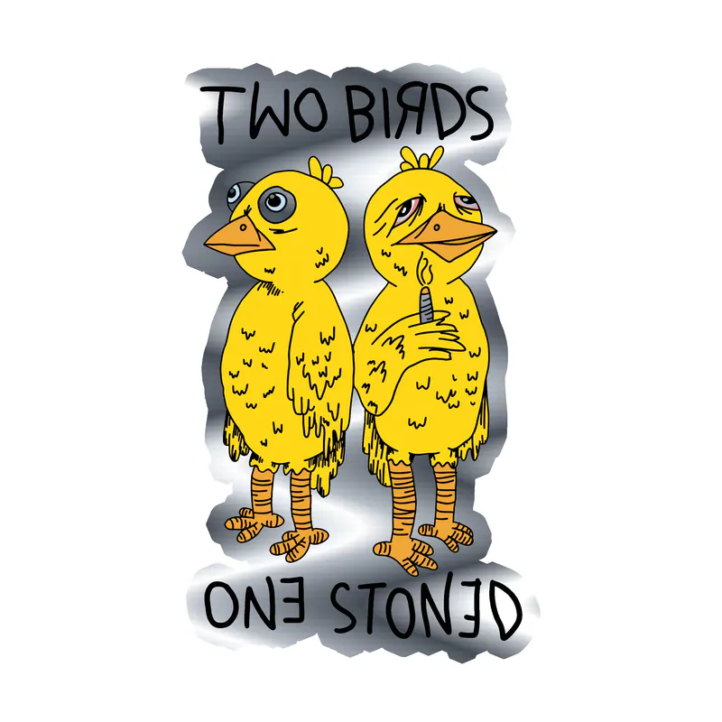 Two Birds One Stoned Silver Chrome Vinyl Decal - Custom Size