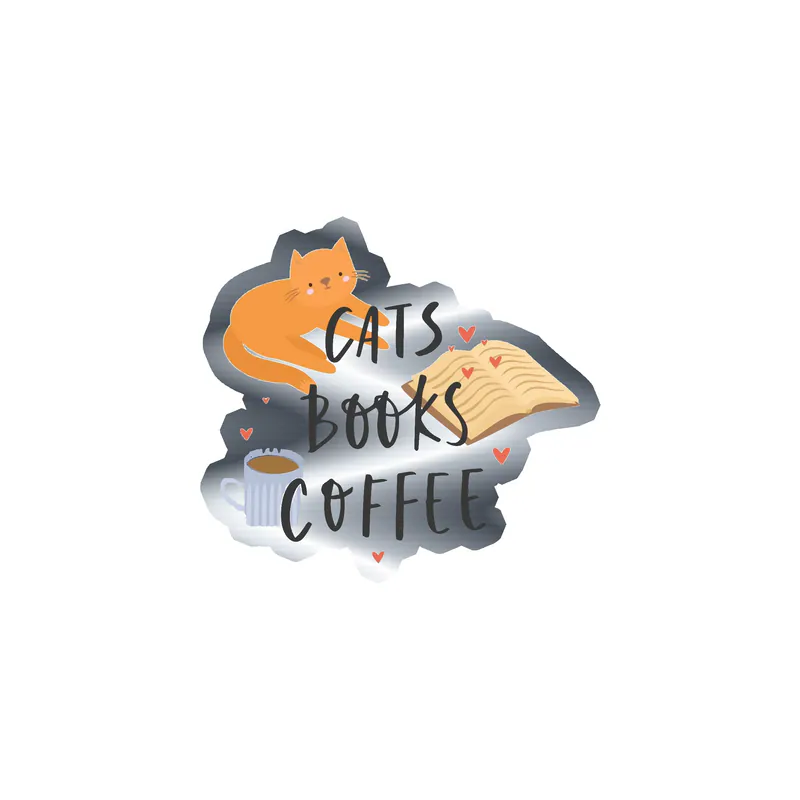 Cats Books Coffee - Silver Chrome Vinyl Decal - Custom Size