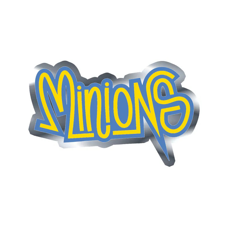 Despicable Me - Minion Name in Yellow & Blue 2 - Silver Chrome Vinyl Sticker - Custom Size