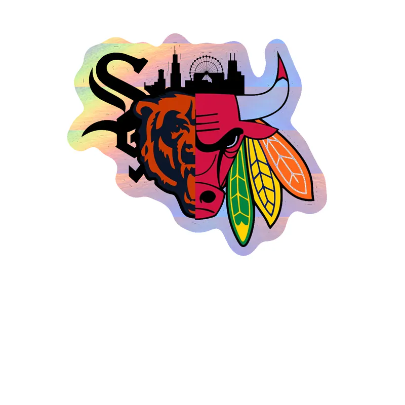 Chicago Sports Teams Mashup With Skyline Holographic Vinyl Sticker - Custom Size
