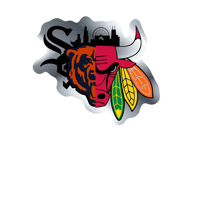Chicago Sports Teams Mashup With Skyline Silver Chrome Vinyl Sticker - Custom Size